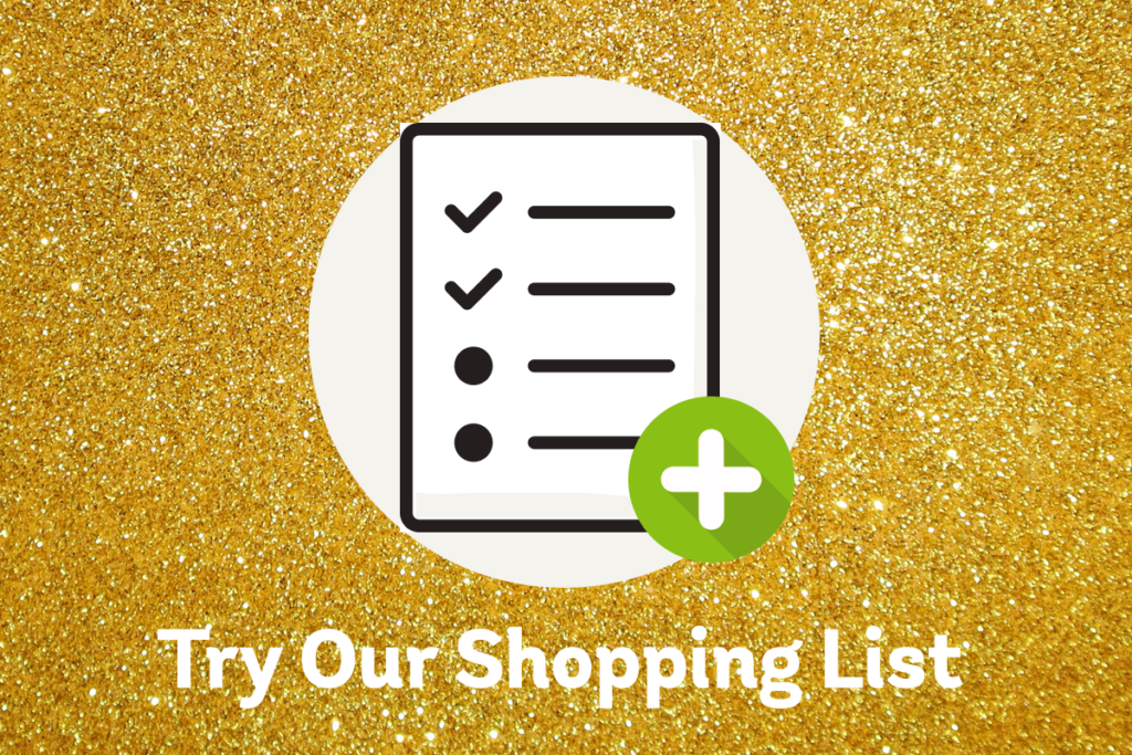 A graphic of a shipping list icon with a plus sign on a sparkling gold background with text Try Our Shopping List
