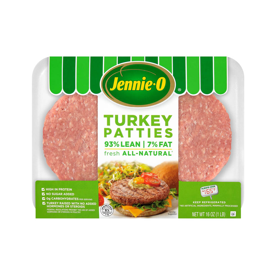 Jennie-O 93% lean turkey patties in green-striped packaging with burger image.
