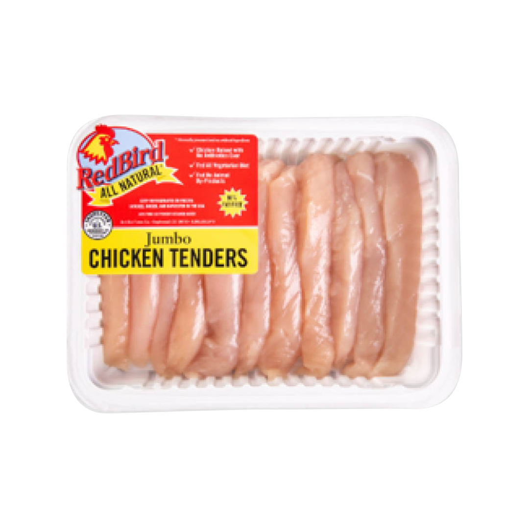 Red Bird jumbo chicken tenders in a white tray with yellow label.