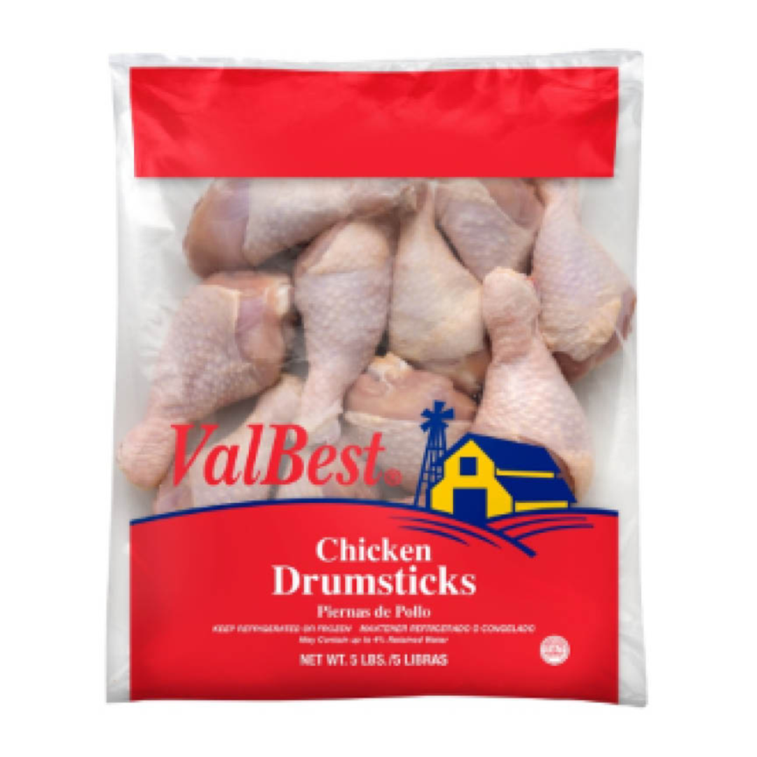 ValBest chicken drumsticks package, red and white design.
