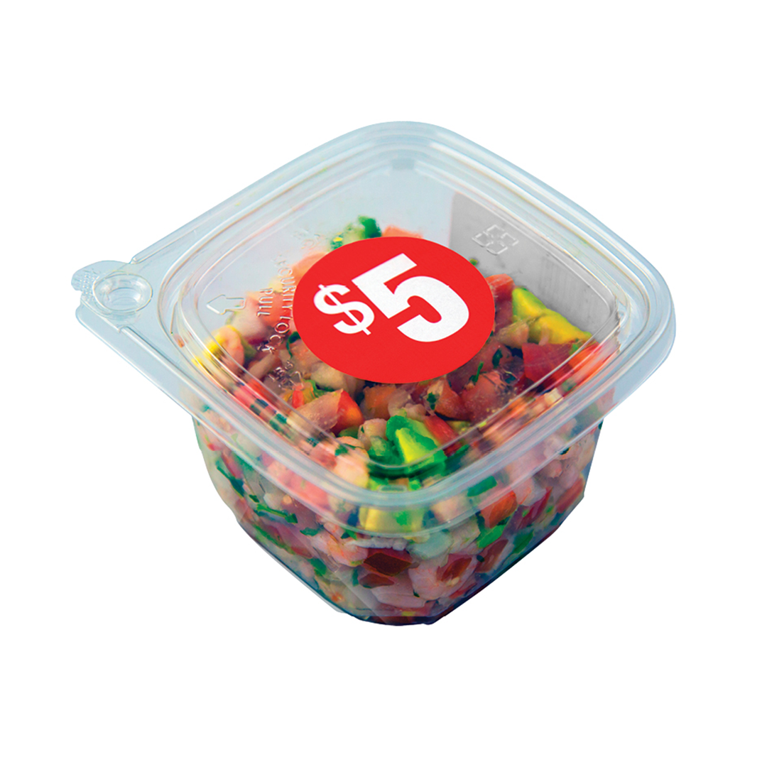 Clear plastic container with mixed salad and a $5 price sticker.