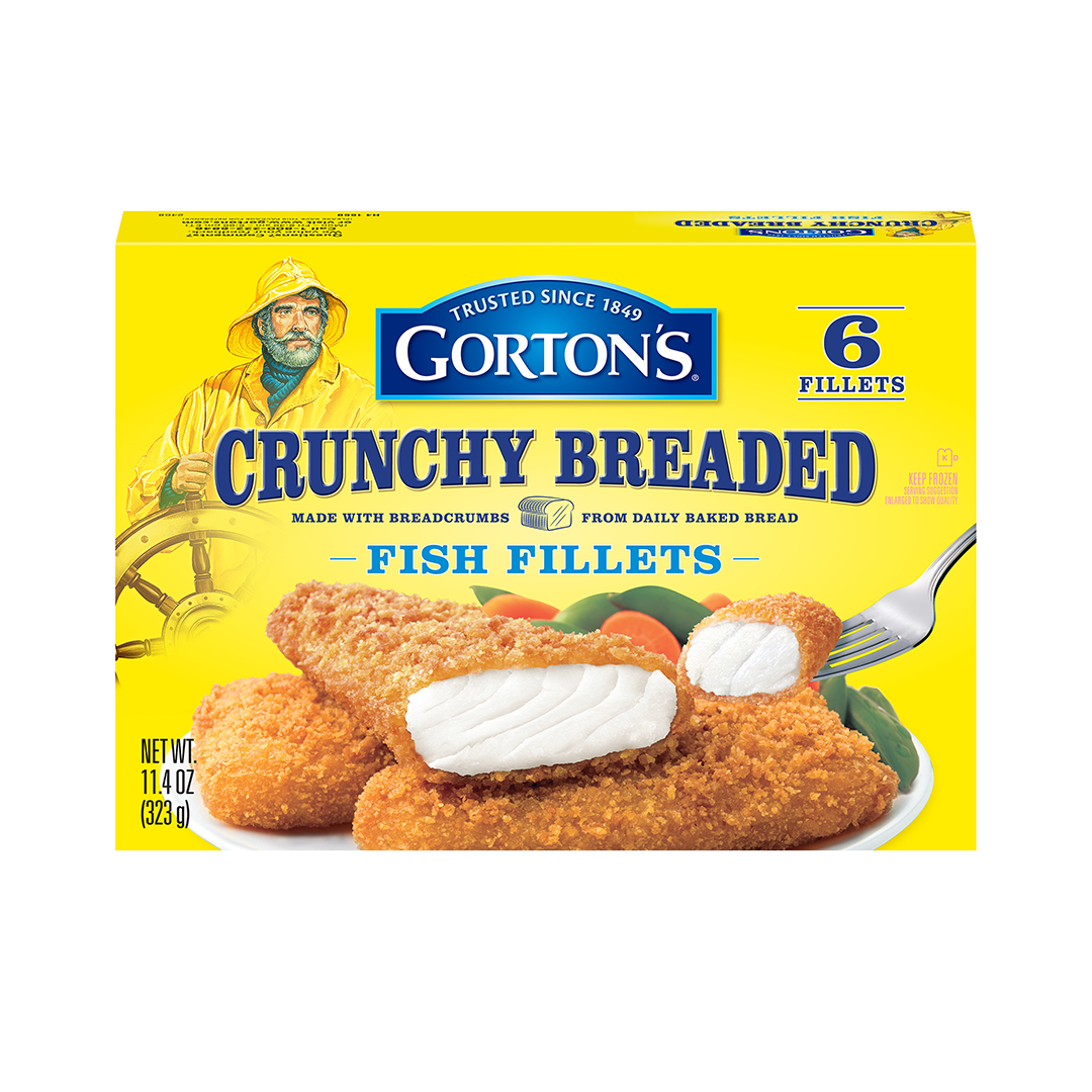 Gorton's yellow packaging displaying six crunchy breaded fish fillets made with breadcrumbs from daily baked bread.
