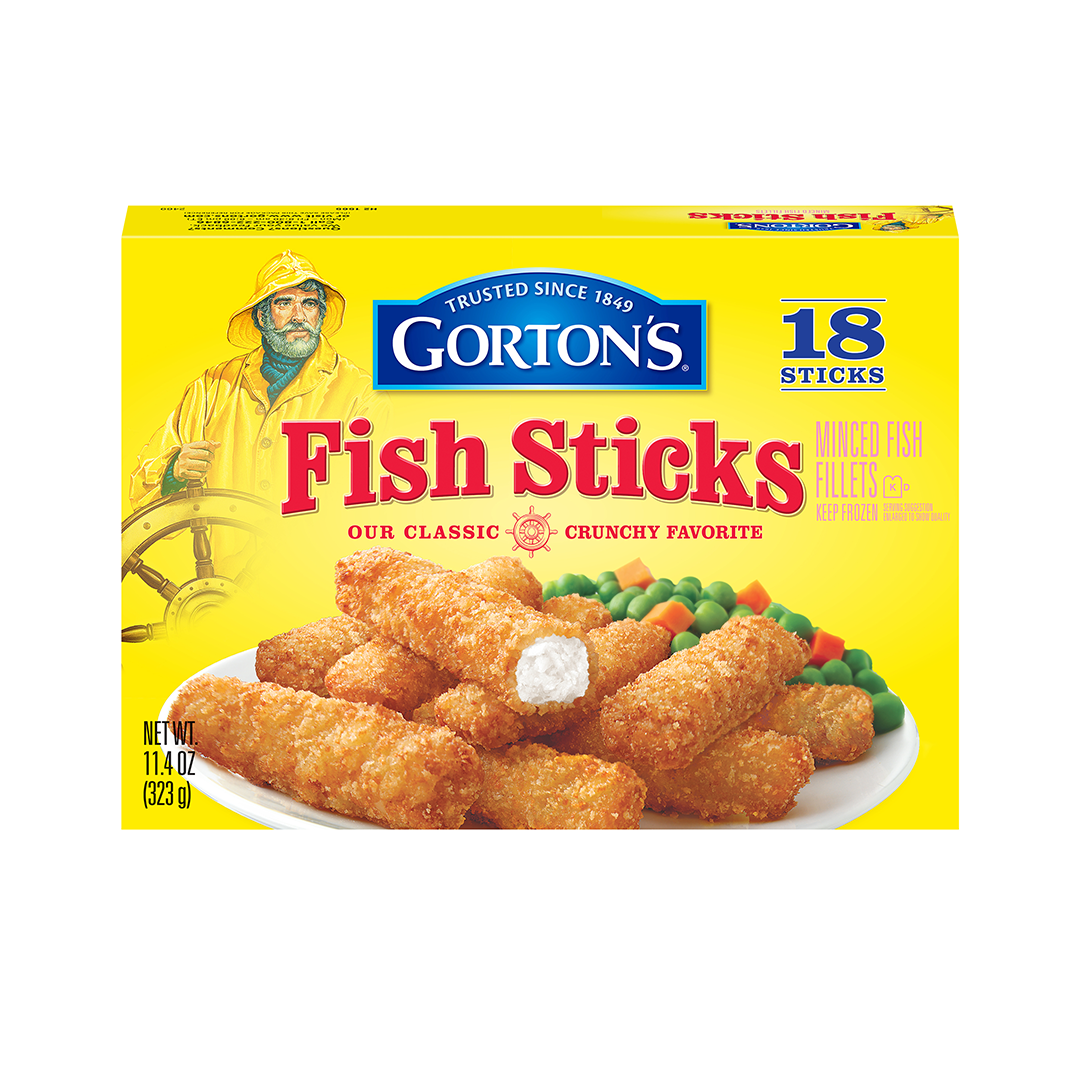 Gorton's fish sticks package, illustrating 18 golden sticks served with a side of vegetables, emphasizing the crispy texture.