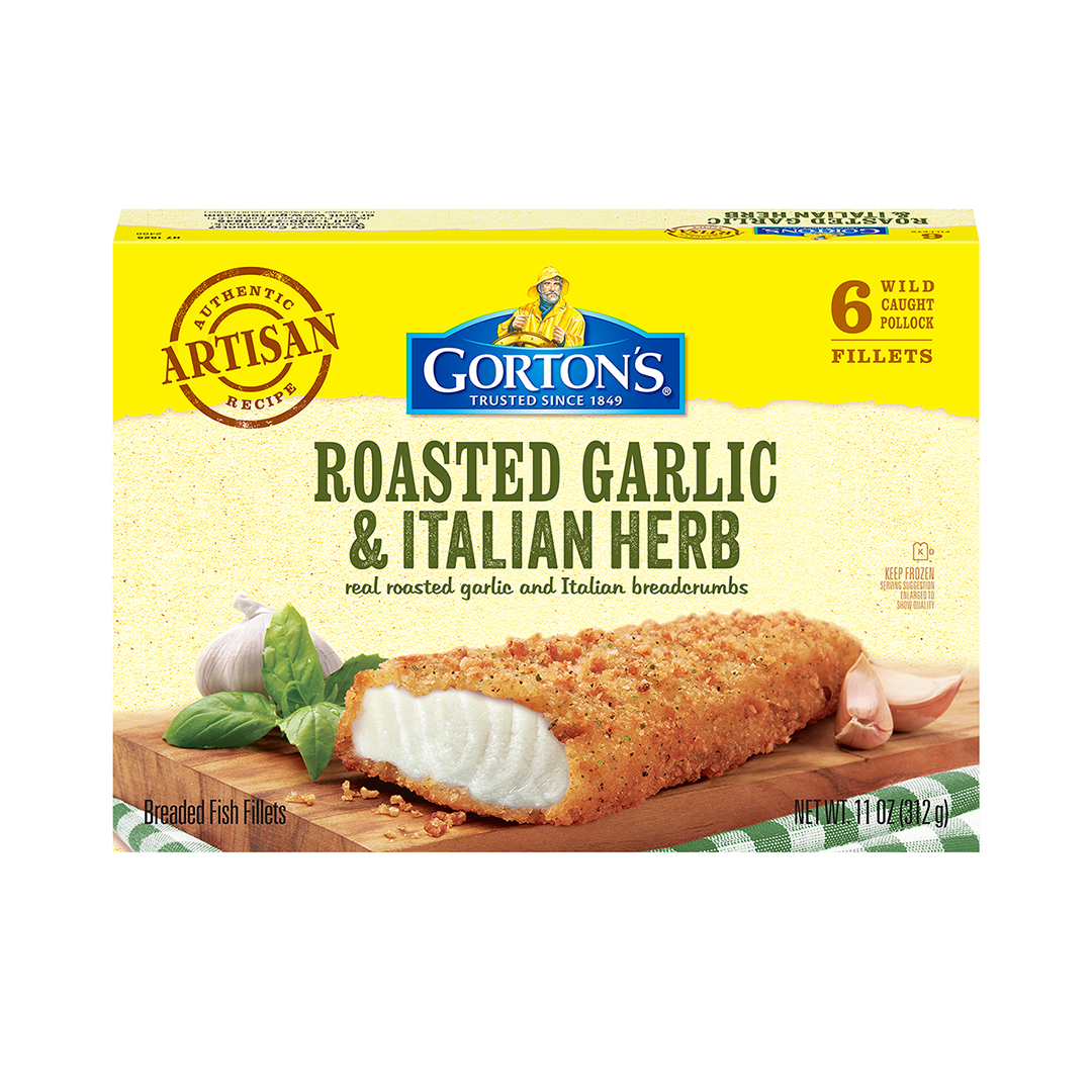 Gorton's roasted garlic and Italian herb breaded fish fillets box, depicting a fillet with a sprinkle of herbs and garlic chunks on a wooden board.