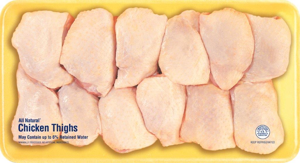 Packaged boneless, skinless chicken thighs on a yellow tray.