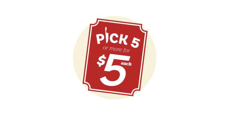 Pick 5 or more for $5 each in white text on a red tag against a cream-colored background.