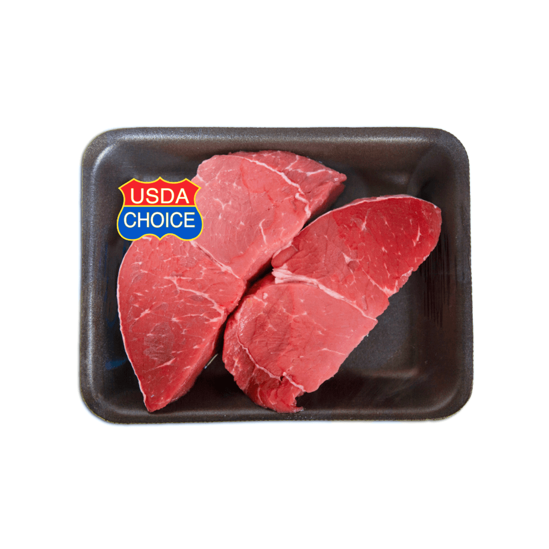 USDA Choice beef steak pieces on a black tray.