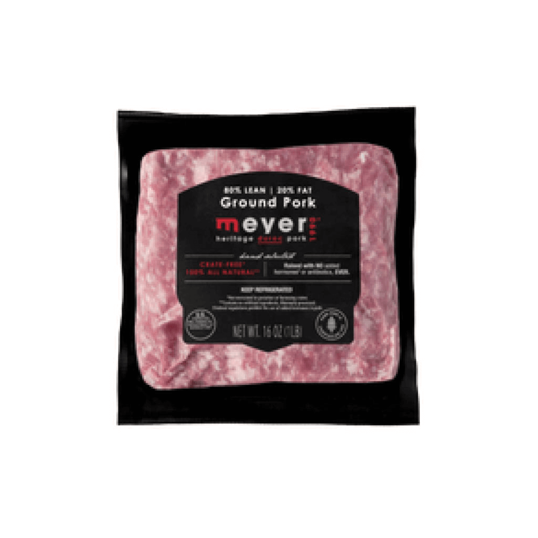 Meyer Natural Ground Pork, 80/20 lean-fat, black packaging.