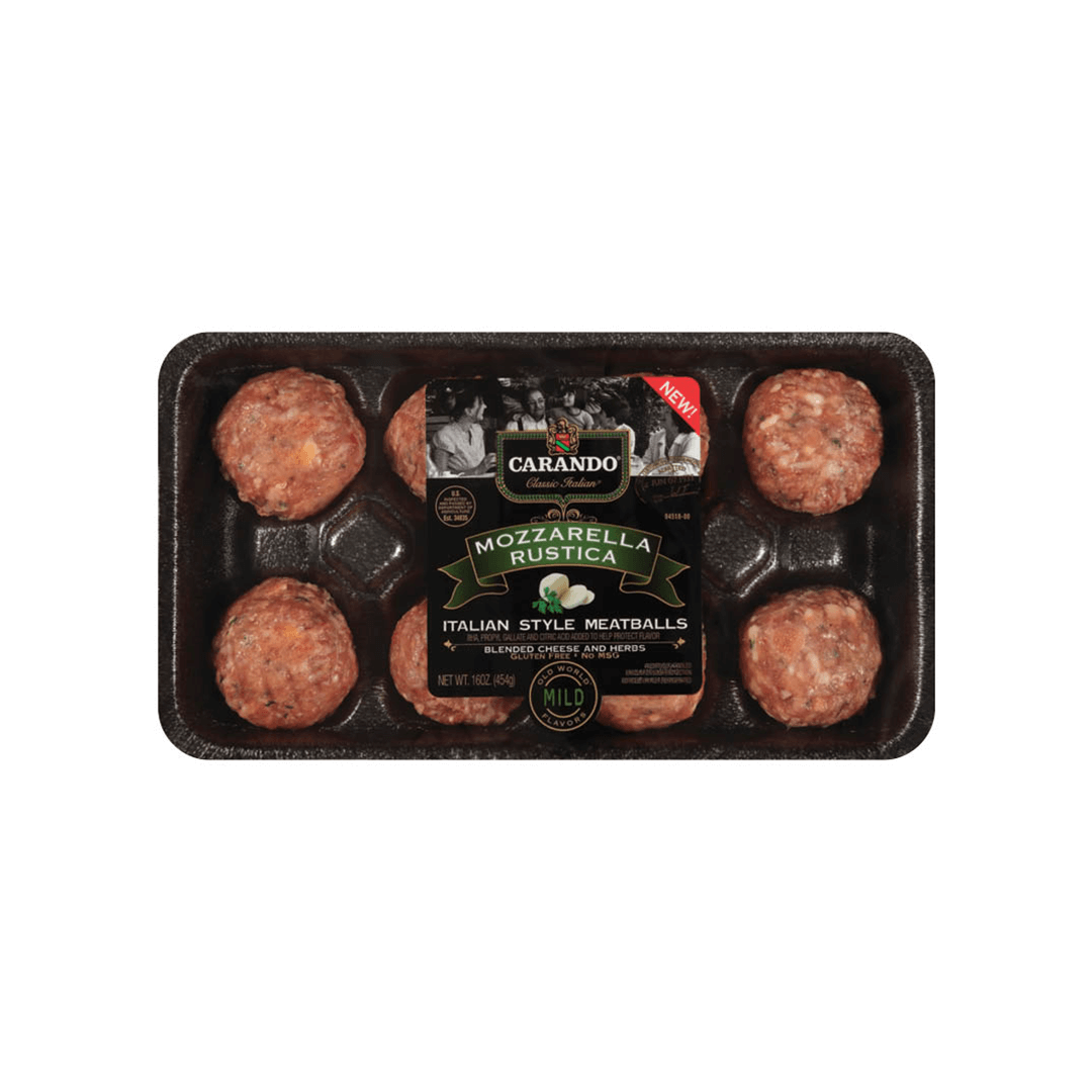 Package of mozzarella-stuffed Italian meatballs in a black tray.
