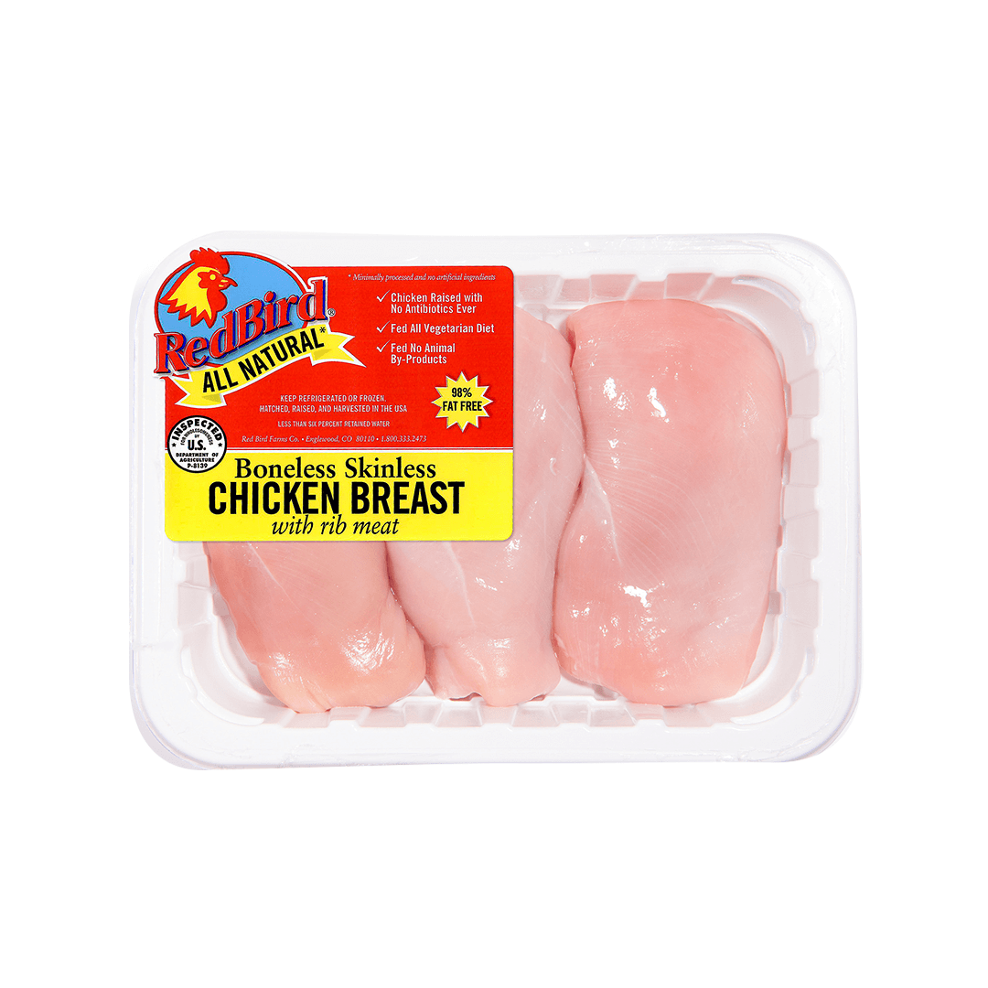 Red Bird boneless skinless chicken breast, white tray, red label, 98% fat-free.