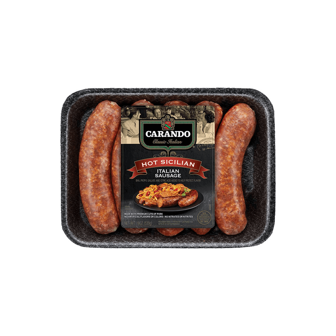 Carando Hot Sicilian Italian sausage in a black tray, classic Italian theme.
