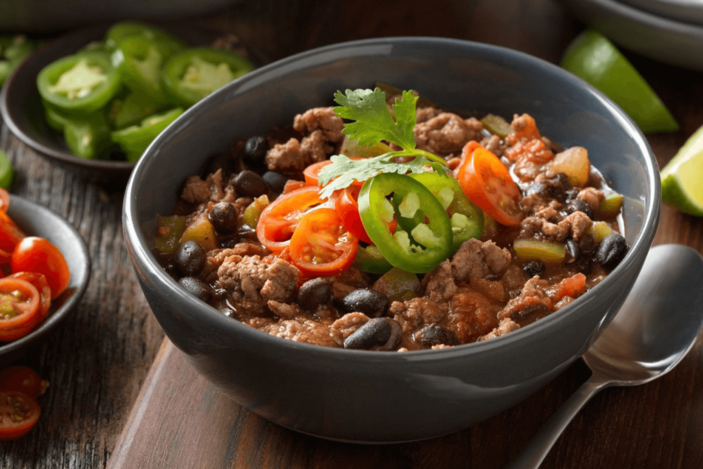 A bowl of fresh beef and brew chili on a wooden board, ready to be served.