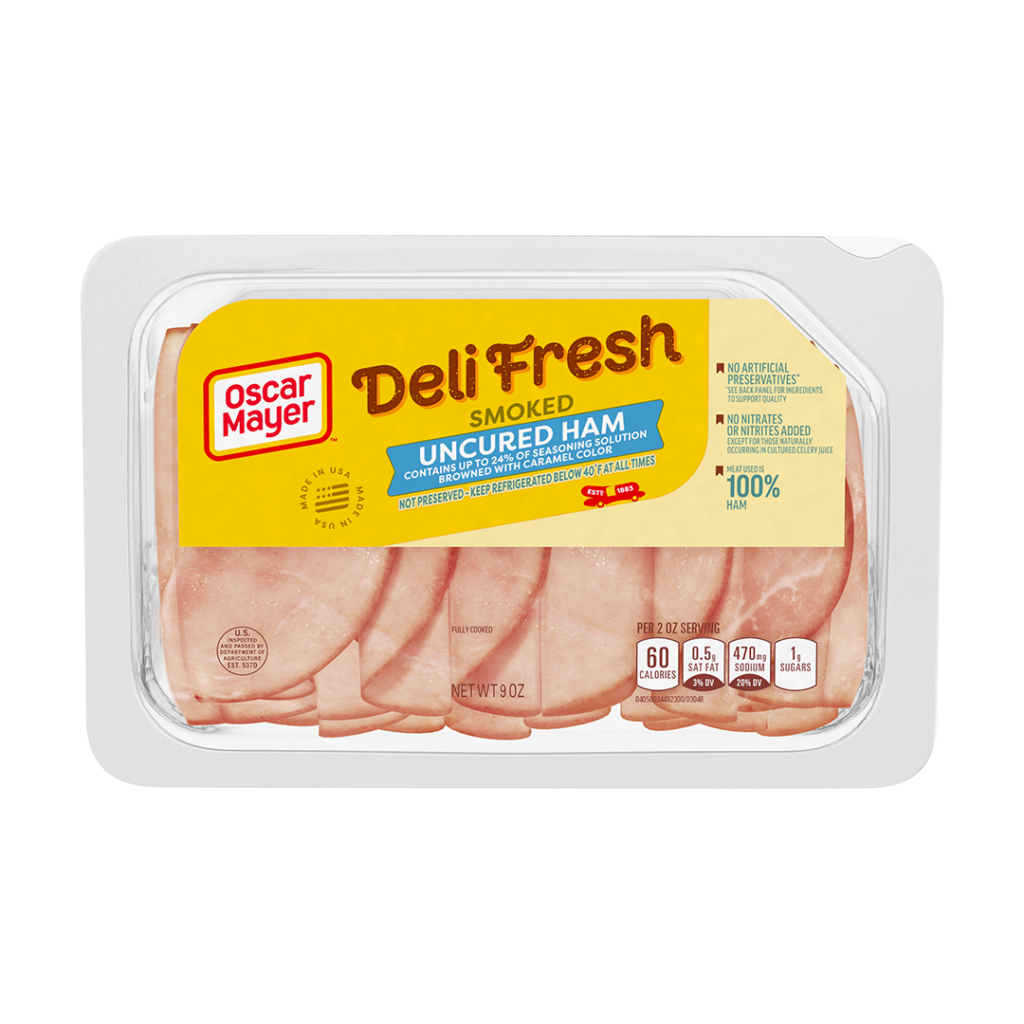 Neatly arranged slices of DeliFresh smoked ham in clear package.